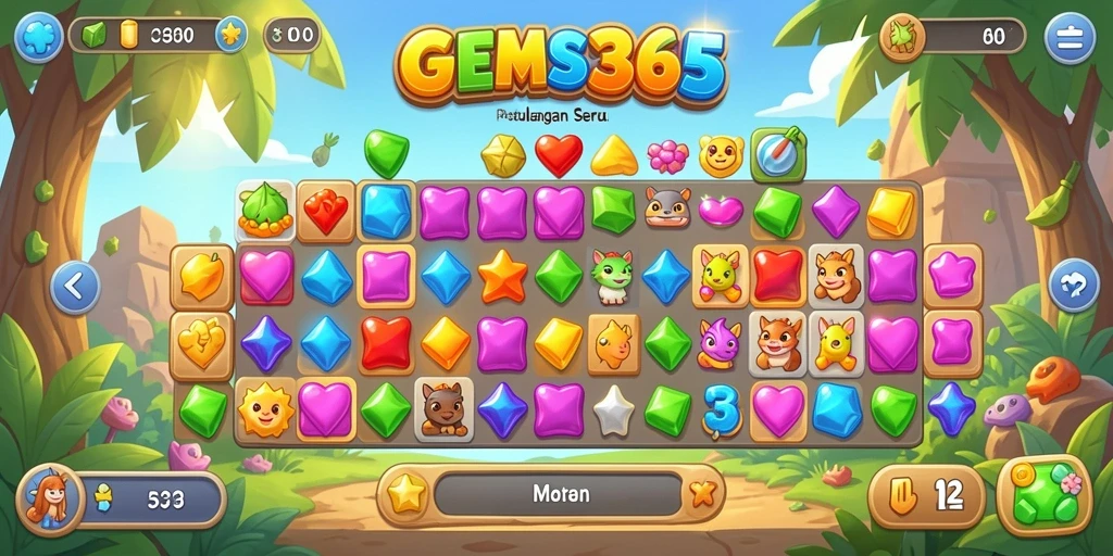 Tampilan gameplay seru pada GEMS365 dalam genre Match-3.