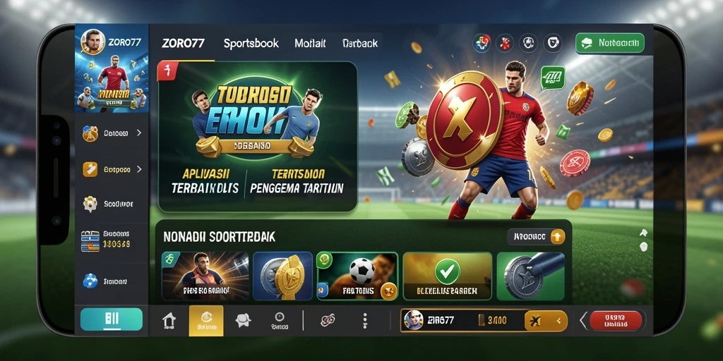 Screenshot utama ZORO77 menampilkan antarmuka aplikasi Sportsbook yang modern dan interaktif.